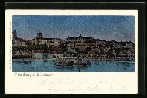 Luna-AK Meersburg a. Bodensee, Uferpartie mit Dampfer