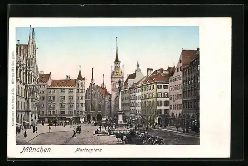 Goldfenster-AK München, Marienplatz mit Denkmal