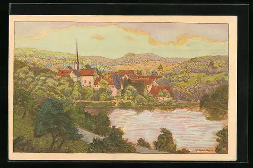 Künstler-AK Maulbronn, Teilansicht mit Kirche von Osten