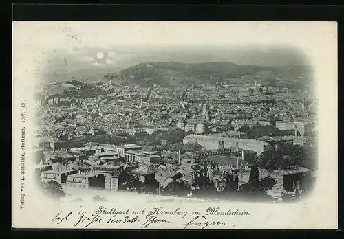 Mondschein-AK Stuttgart, Teilansicht mit Hasenberg im Vollmondlicht