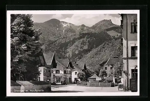 AK Grassau, Gasthäuser und Brauerei, Blick zur Hochplatte