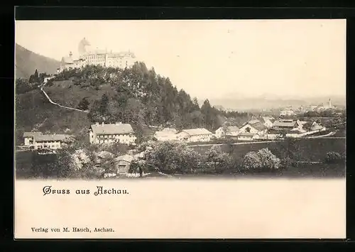 AK Aschau, Ortsansicht mit dem Schloss auf dem Felsen