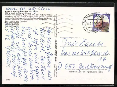 AK Maia Alta (Naif) Merano, Hotel Einsiedler in vier Ansichten