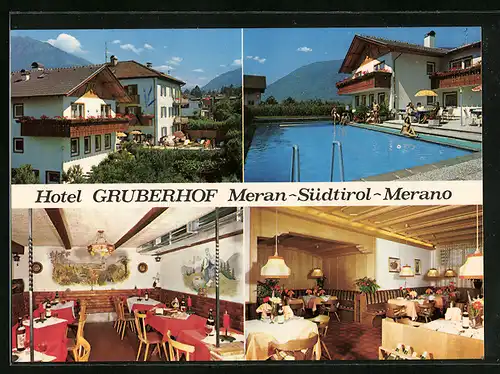 AK Meran, Hotel Gruberhof in vier Ansichten