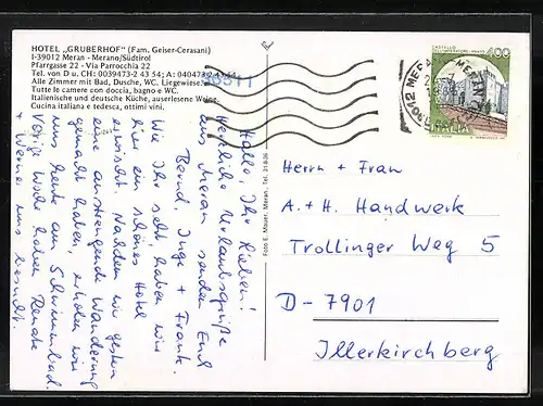 AK Meran, Hotel Gruberhof in vier Ansichten