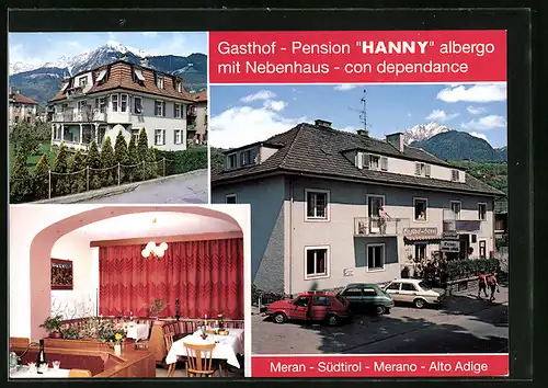 AK Meran, Gasthof-Pension Hanny mit Nebenhaus in drei Ansichten