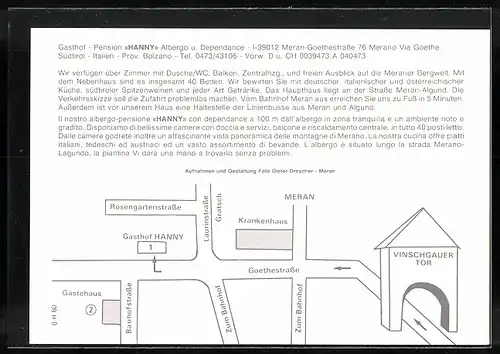 AK Meran, Gasthof-Pension Hanny mit Nebenhaus in drei Ansichten