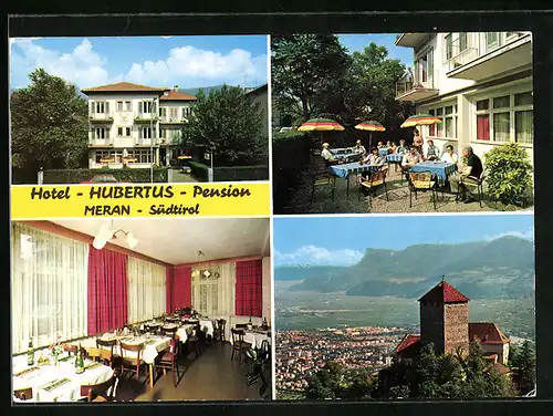 AK Meran, Hotel Hubertus in vier Ansichten