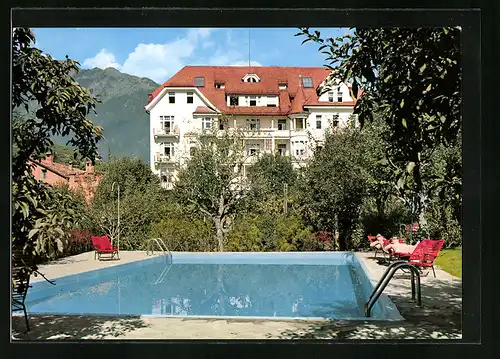 AK Meran - Obermais, Hotel Minerva mit Schwimmbad