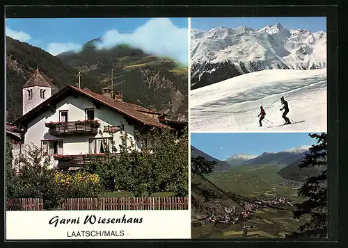 AK Laatsch / Mals, Garni Wiesenhaus, Ortsansicht und Skifahrer