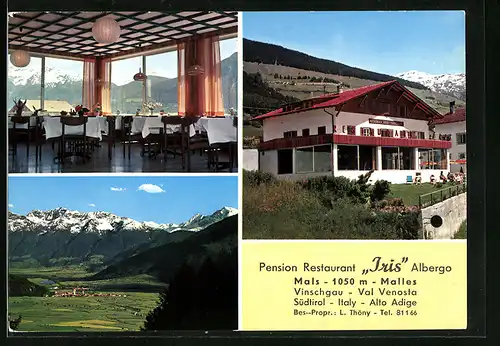 AK Mals, Pension-Restaurant Iris Albergo in zwei Ansichten mit Ortsansicht