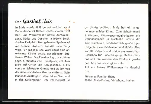 AK Mals, Pension-Restaurant Iris Albergo in zwei Ansichten mit Ortsansicht