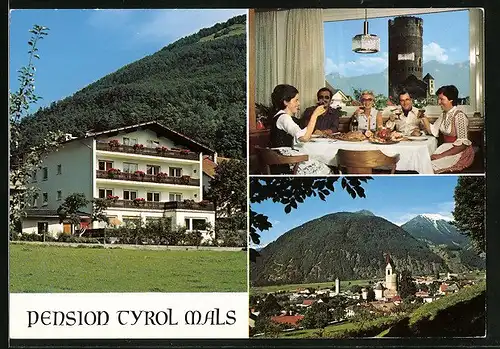 AK Mals, Pension Tyrol in zwei Ansichten mit Ortsansicht