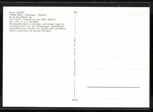AK Mals im Vinschgau, Haus Edith in zwei Ansichten mit Ortsansicht