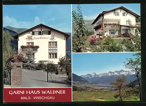 AK Mals im Vinschgau, Garni Haus Waldner in zwei Ansichten mit Ortsansicht