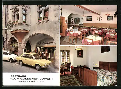 AK Meran, Gasthof Zum Goldenen Löwen in drei Ansichten