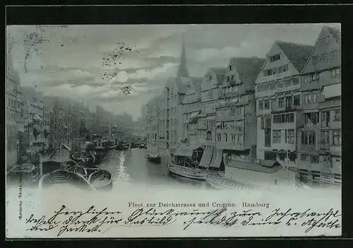 Mondschein-AK Alt-Hamburg, Fleet zur Deichstrasse und Cremon