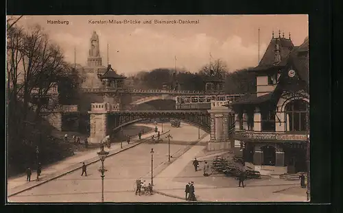 AK Hamburg-St.Pauli, Kersten-Miles-Brücke und Bismarck-Denkmal