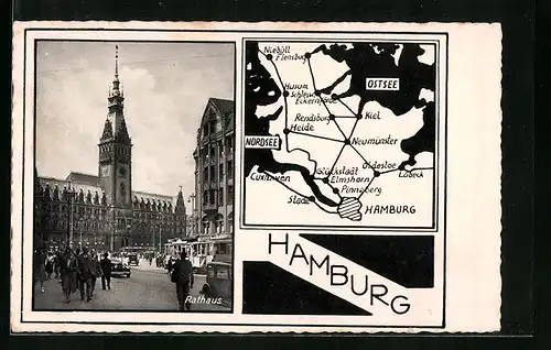 AK Hamburg, Rathaus und geografische Abbildung