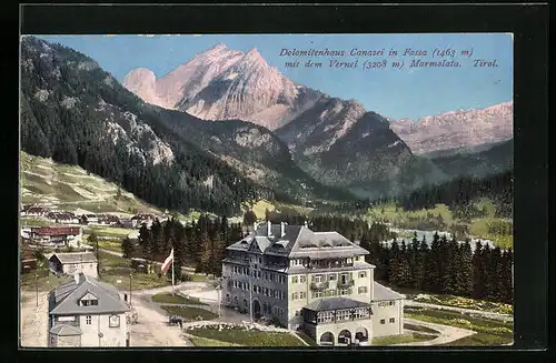 AK Canazei in Fassa, Dolomitenhaus mit dem Vernel Marmolata