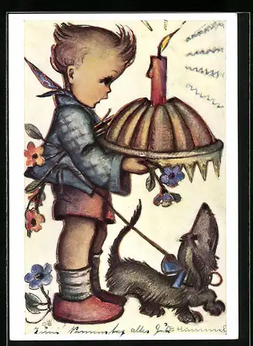 Künstler-AK Hummel: Junge gratuliert mit Torte, brennender Kerze und Hund