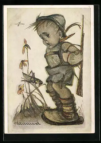 Künstler-AK Hummel: Junge als Heuschreckenschütze