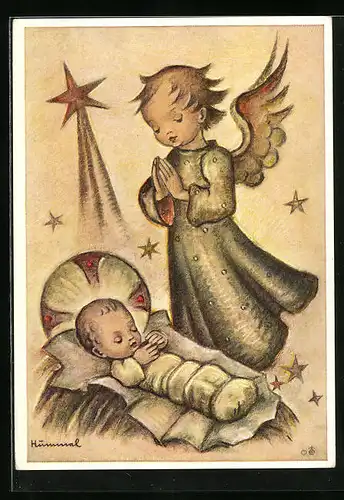 Künstler-AK Hummel: Engel betet beim Jesuskind an der Krippe