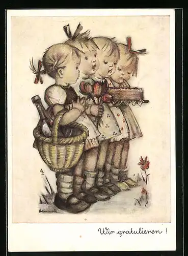 Künstler-AK Hummel: Wir gratulieren ! Vier Kinder mit Torte und Geschenken