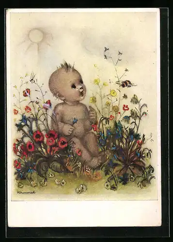 Künstler-AK Hummel: Vom Himmel gefallen, nacktes Kleinkind zwischen Blumen beobachtet eine Biene
