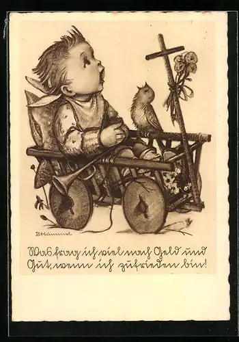 Künstler-AK Hummel: Kleiner Junge im Handwagen mit Vogel schauen gen Himmel