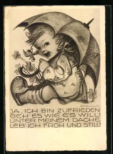 Künstler-AK Hummel: Fröhliches Mädchen unterm Schirm sitzend