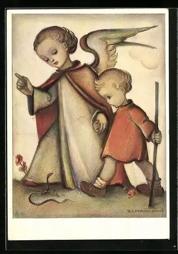 Künstler-AK Hummel: Engel führt kleinen Jungen an der Hand