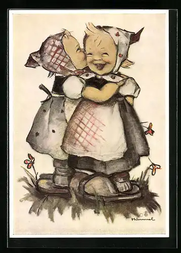 Künstler-AK Hummel: Mädchen flüstert ihrer Freundin ins Ohr