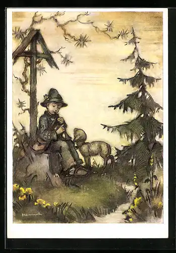 Künstler-AK Hummel: Junge am Wegekreuz spielt Flöte mit Schäflein