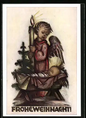 Künstler-AK Hummel: Engel mit Kerze beim Jesuskind an der Krippe
