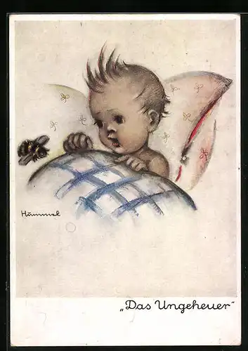 Künstler-AK Hummel: Das Ungeheuer, Kleinkind im Bett beobachtet eine Biene