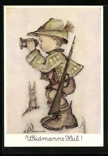 Künstler-AK Hummel: Weidmanns Heil ! Junge als Jäger mit Flinte und Fernglas, vom Hasen beobachtet