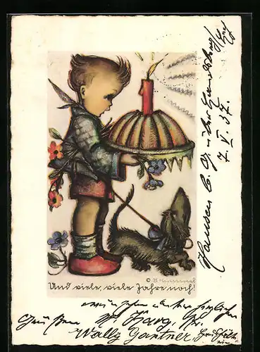 Künstler-AK Hummel: Kleiner Junge mit Hund und Geburtstagstorte - Und viele, viele Jahre noch !