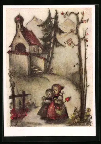 Künstler-AK Hummel: Zwei Mädchen mit Ostereiern aus der Kirche kommend