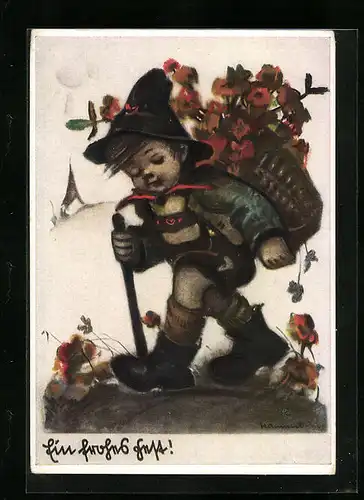 Künstler-AK Hummel: Junge mit Korb voller Blumen auf dem Rücken