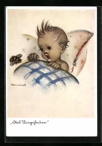 Künstler-AK Hummel: Das Ungeheuer - Kleines Kind im Bett beobachtet eine Biene