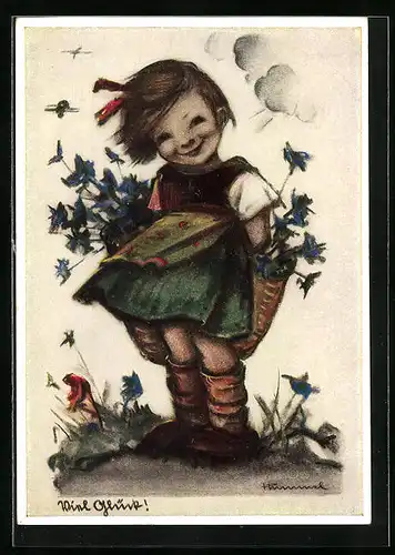 Künstler-AK Hummel: Mädchen mit Korb voller Kornblumen im Wind
