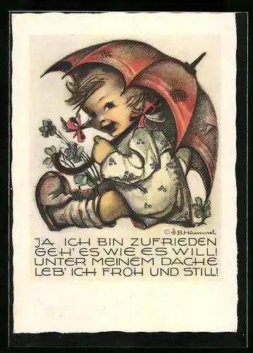 Künstler-AK Hummel: Fröhliches Mädchen mit Blumen unterm Schirm