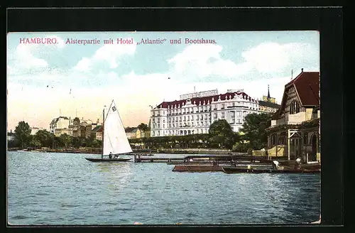 AK Hamburg-St.Georg, Alsterpartie mit Hotel Atlantic und Bootshaus