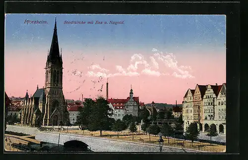 AK Pforzheim, Stadtkirche mit Enz und Nagold