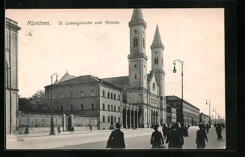 AK München, St. Ludwigskirche und - Strasse