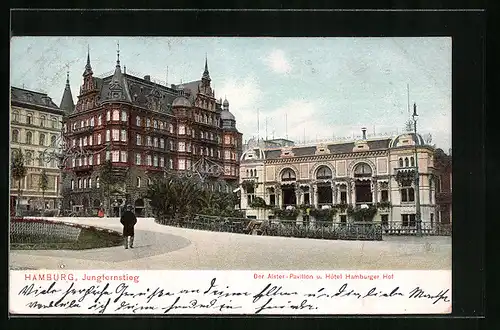 AK Hamburg-Neustadt, Jungfernstieg-Der Alster-Pavillon und Hotel Hamburger Hof
