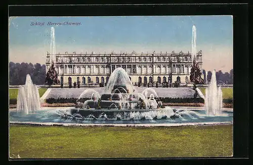 AK Herrenchiemsee, Blick über Wasserfontainen zum Schloss