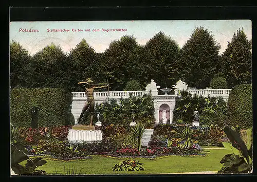 AK Potsdam, Schloss Sanssouci, Sizilianischer Garten mit dem Bogenchützen