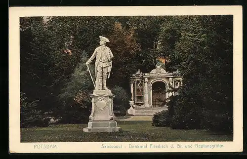AK Potsdam, Schloss Sanssouci, Denkmal Friedrich d. Grossen und Neptunsgrotte